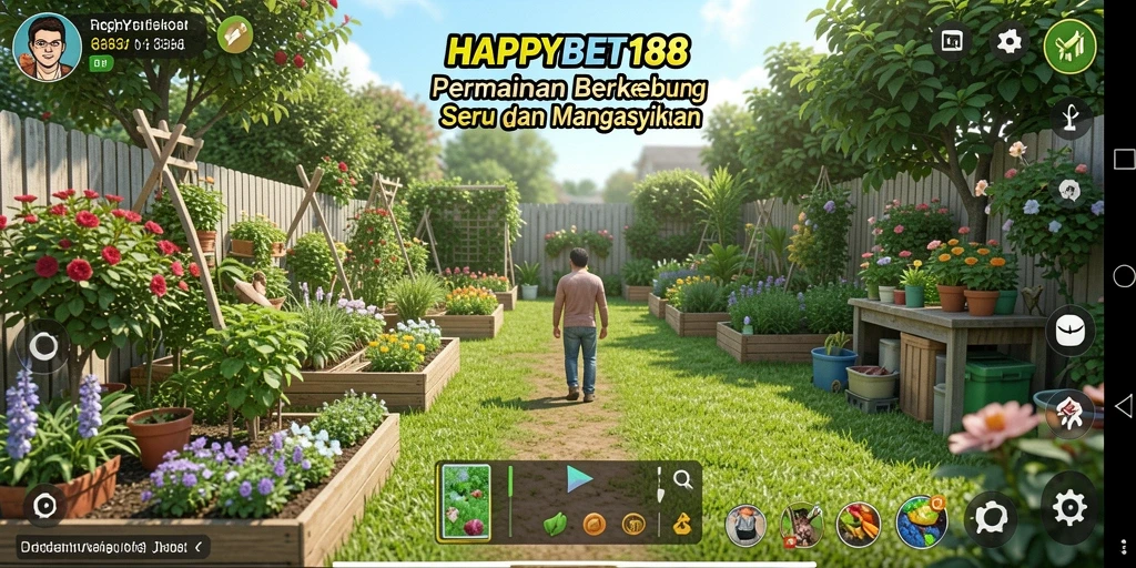 Screenshot gameplay <strong>HAPPYBET188</strong> menampilkan ladang yang subur dan tanaman yang tumbuh.