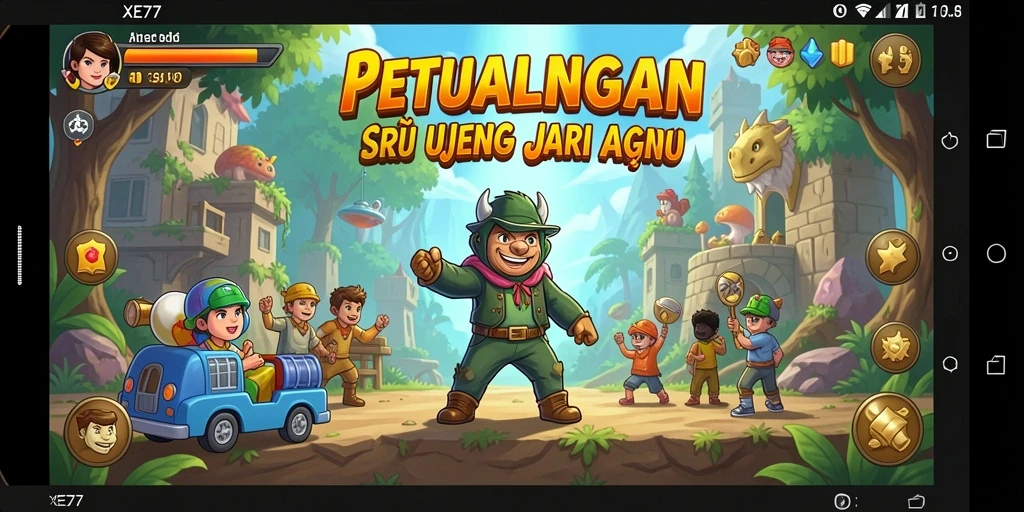 Screenshot utama menunjukkan gameplay seru dari XE77 di perangkat mobile.